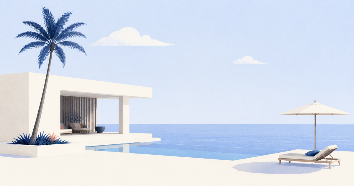 Editorial illustration of a modern oceanfront resort with an infinity pool, palm tree, parasol, and lounge chair