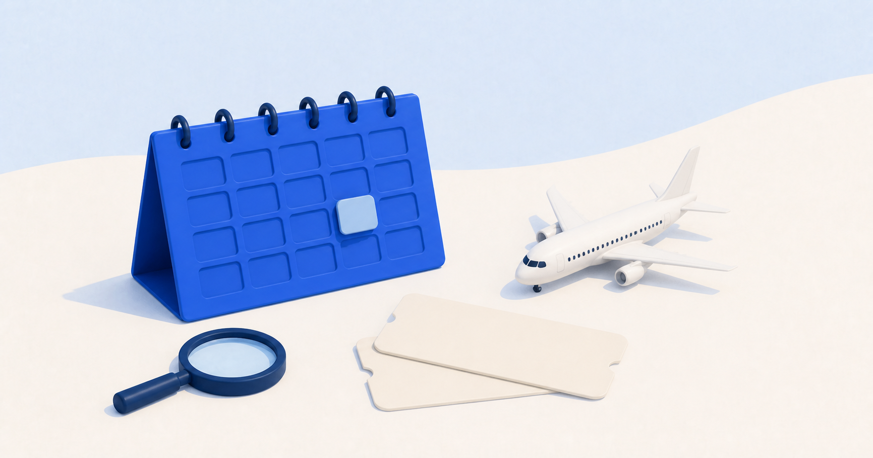 A blue desk calendar, airplane, fare cards, and magnifying glass arranged in a bright travel-planning scene