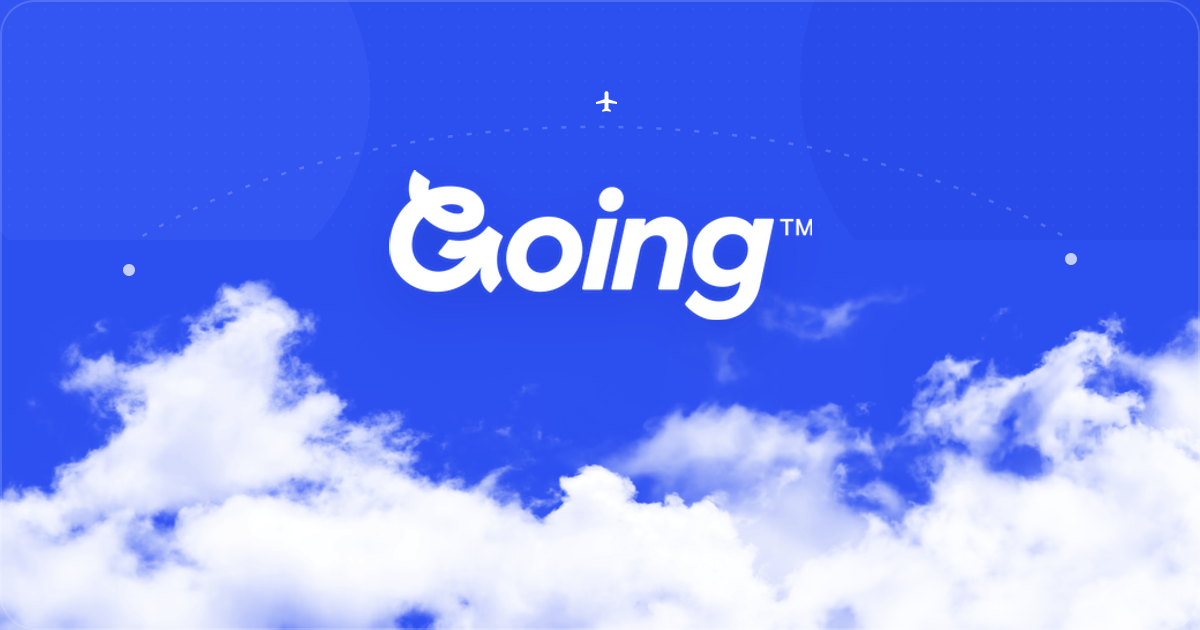 Going white logo centered over a Soar blue sky and bright clouds