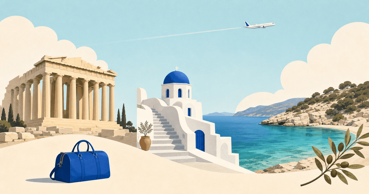 Editorial Greece vacation illustration with the Parthenon, a Cycladic church, an Aegean cove, a blue travel bag, and a passenger plane