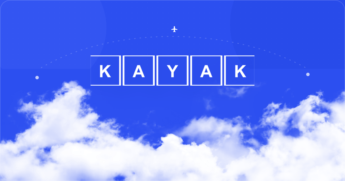 KAYAK white logo centered over a Soar blue sky and bright clouds