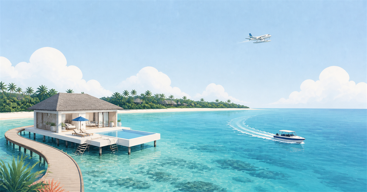 Illustrated Maldives lagoon with an overwater villa, speedboat, and seaplane