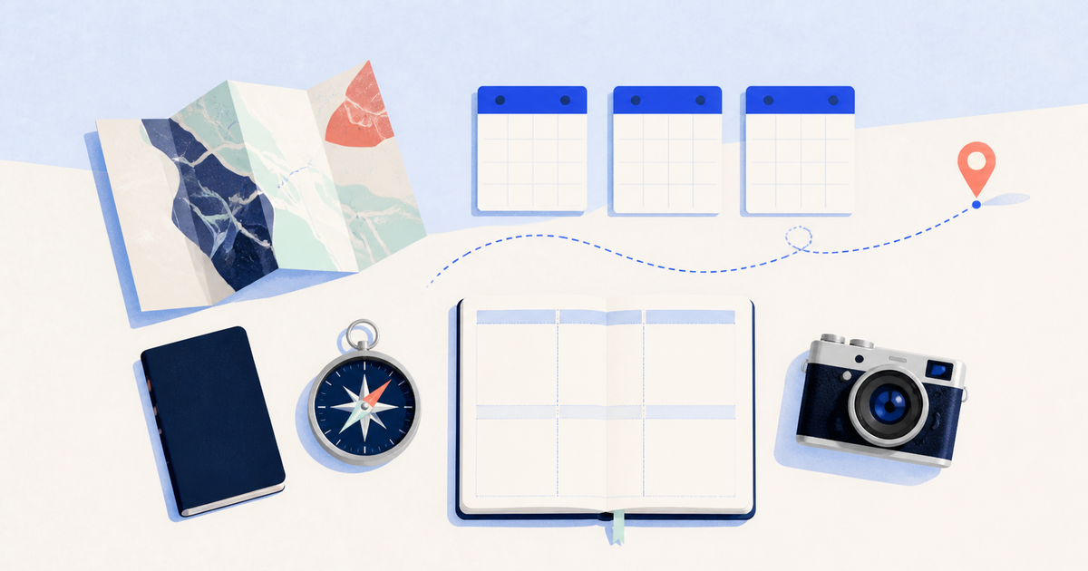 Editorial trip-planning illustration with a route map, calendar blocks, passport, camera, and neatly arranged travel notes