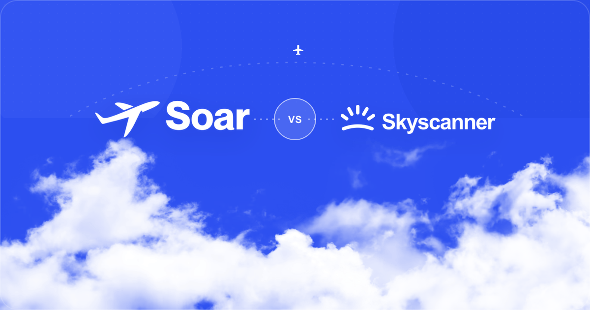 White Soar and Skyscanner logos compared over a Soar blue sky and bright clouds