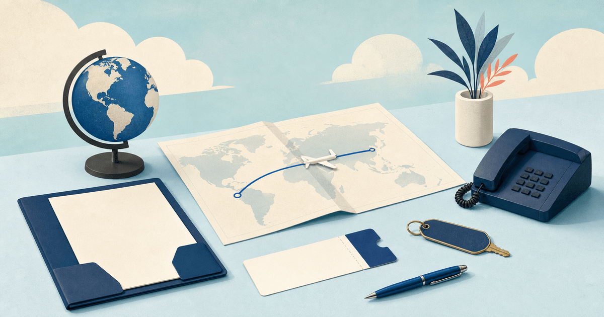 Organized travel agency desk with globe, route map, model plane, itinerary folder, hotel key, ticket, pen, and telephone