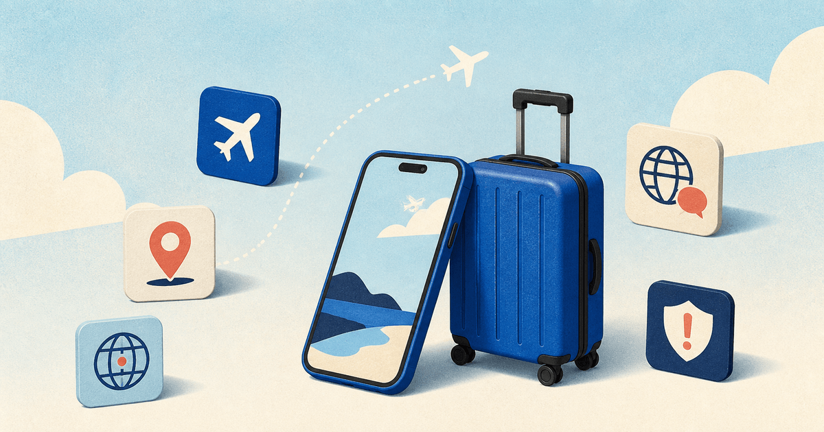 Blue smartphone and carry-on surrounded by simple flight, map, translation, and safety symbols beneath a cloud-lined sky